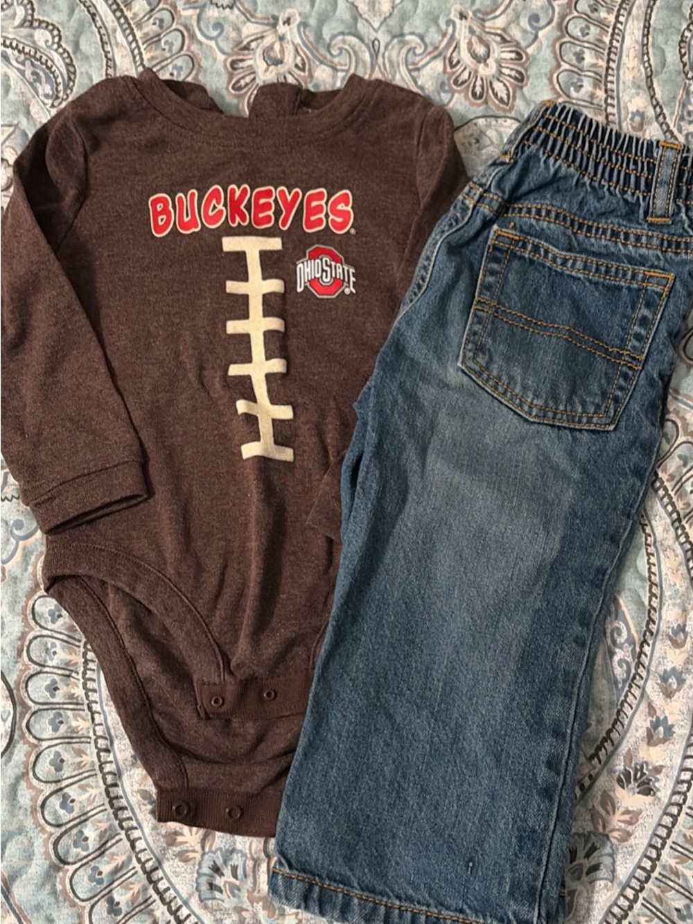 OshKosh B'gosh Brown Buckeyes Football Graphic Bodysuit with jeans